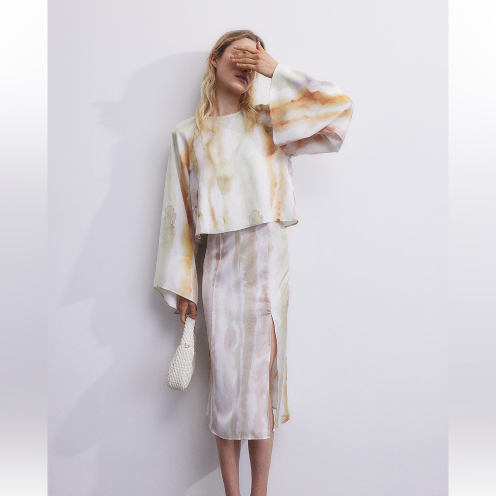 H&M Pastel Watercolor Long Sleeve Blouse in White, Yellow, Purple